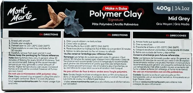 Mont Marte Make n Bake Polymer Clay Signature Mid Grey 400g (14.1oz) Block, Bake in Oven, Soft and Smooth, Sculpting, Craft, DIY Décor, Jewelry
