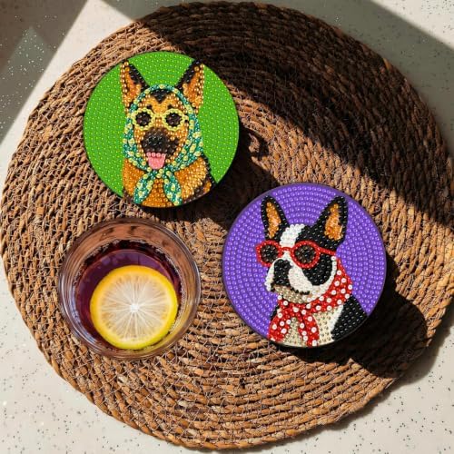 CRZMODE 8 Pcs Dog Diamond Art Coasters Kits, Diamond Painting Coasters with Holder Set of 8, DIY Dog Art Crafts Supplies for Adults Cup Mat House Warming Gifts Non-Slip