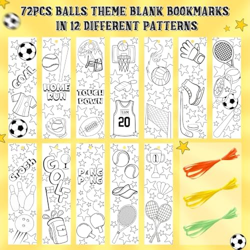 72Pcs Sports Ball Color Your Own Bookmark, Coloring Blank Bookmark for Kids