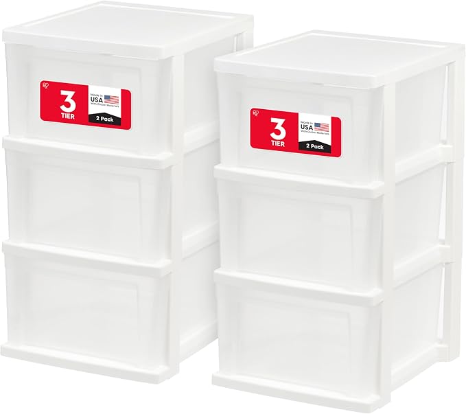 IRIS USA 3-Drawer Slim Narrow Storage Organizer, 2-Pack, White/Clear