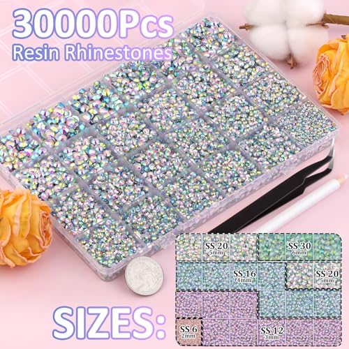 30000Pcs AB Rhinestones for Bedazzling with B7000 Jewelry Glue, Bedazzler Kit Bulk Flatback Gems, Resin Rhinestones for Crafting Crafts Clothing Shoes Fabric Nail Art Assorted Size 2/3/4/5/6mm