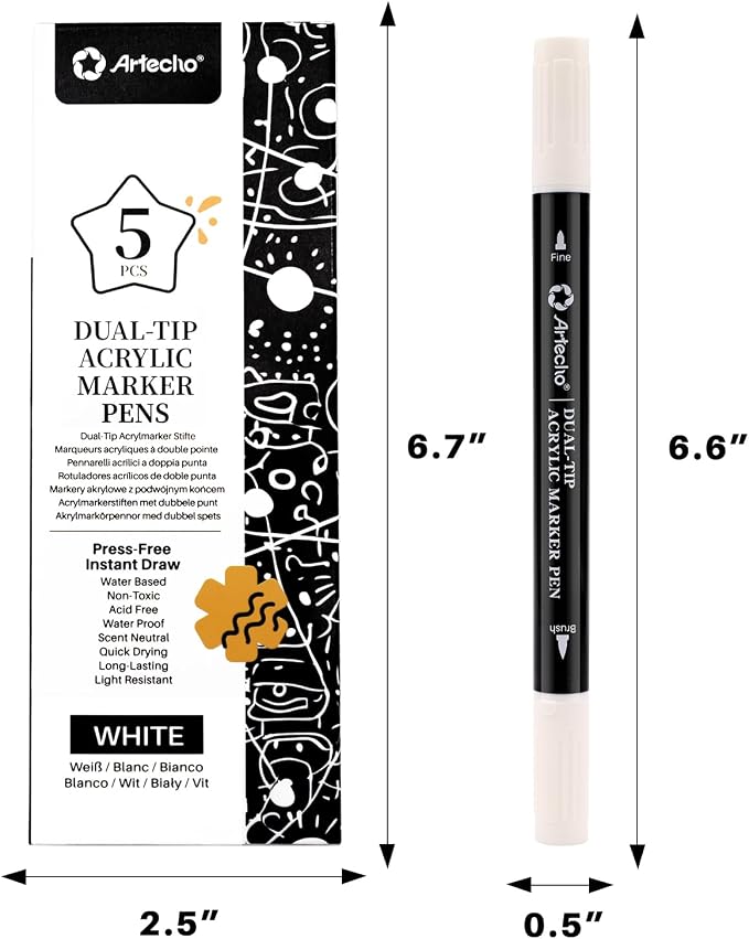 Artecho Dual Tip Acrylic Paint Pen White 5pcs set-Fine Tip and Brush Tip