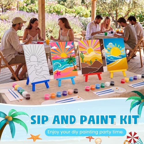 Blosssound 10 Set Pre Printed Sunrise Canvas Pre Drawn Canvas Painting with Easel Kits 5" x 7" Outline Painting Panels for Beginners, DIY Craft Project, Party Favor, Home Decors