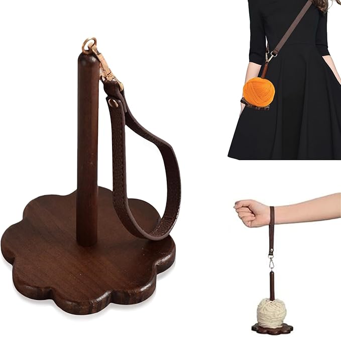 Wrist Yarn Holder - Portable Wooden Yarn Holder with Leather Wristband and Shoulder Strap, Yarn Spinner and Ball Minder Stand for Crocheting, Knitting Accessories Organizer(B)