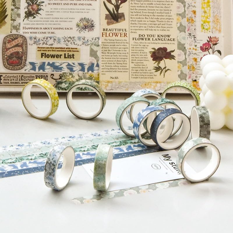 Flowers Washi Tape Set 30 Rolls Floral Patterns Decorative Skinny Slim Masking Tapes for Arts, DIY Crafts, Journals, Planners, Scrapbook, Wrapping (Greens Thrive)