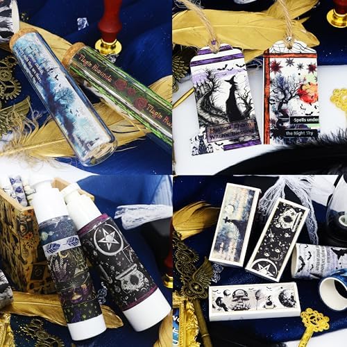 MPOPUUL Washi Tape Set 37 Rolls - Witches Theme Colored Decorative Adhesive Tape for Journaling, Vintage Artists Tape for Junk Journaling Supplies, Scrapbooking, DIY Crafts, Gift Wrapping, Planner
