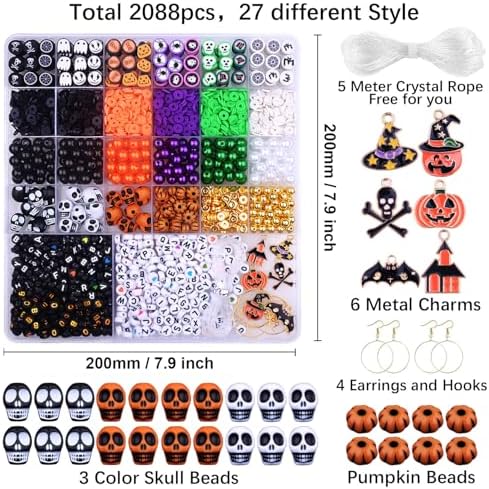 BBita 2088pcs Halloween Polymer Clay Beads Bracelet Making kit, 24 Style Cute Fun Beads Skull Pumpkin Beads Charms for Jewelry Necklace Earring Making DIY Accessories for Women Girls
