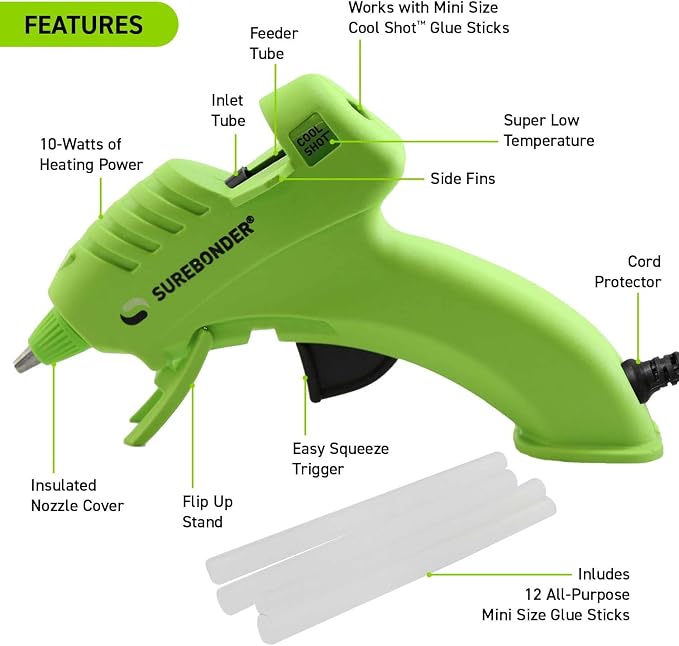 Surebonder 10W Ultra Low Temp Cool Shot Mini Glue Gun Kit with 12 Glue Sticks,Bonds Delicate Materials Like Paper,Fabric,Foam,Balloons - Clear,(Pack of 6)