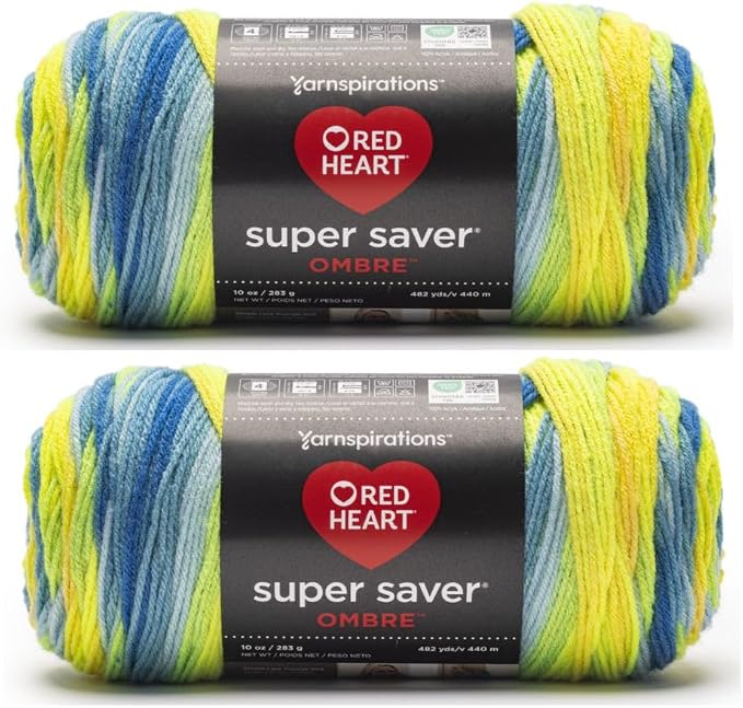 Red Heart Super Saver Ombre Yarn for Crocheting, Electric, 2-Pack | #4 Medium Worsted Weight 100% Acrylic Ombre Yarn for Blankets, Scarves, Hats, and Sweaters, 482 yards, 283g/10oz