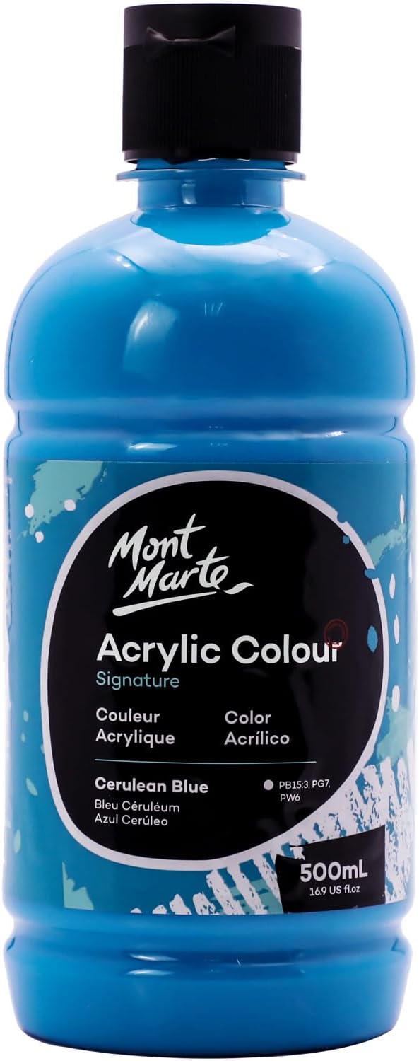 Mont Marte Signature Cerulean Blue Acrylic Paint, 16.9oz (500ml), Semi-Matte Finish, Suitable for Canvas, Wood, Fabric, Leather, Cardboard, Paper, MDF and Crafts