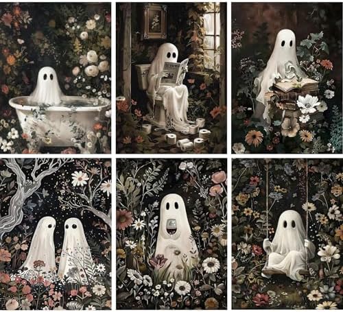 GOUOYANA 6P Halloween Paint By Numbers Kit for Adults Ghost Acrylic Canvas | Halloween Adult Paint by Number Kits Acrylict Canvas for Painting DIY Ghost Paint by Numbers for Home Wall Art Gift 12X16in
