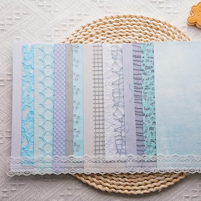 15Pcs Handmade Scrapbook Art Paper Craft Textured Paper Colorful A5 sheet Mesh Special Mix for Scrapbooking Junk Journal Journaling Supplies DIY Materials,5.8x8.2 inches (Blue)