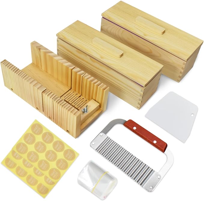Artcome Loaf Soap Making Cutting Mold Kit 2Pcs 42oz Rectangular Silicone Soap Mold, 2Pcs Wooden Box with Lid, Adjustable Wooden Soap Cutting Tool with Stainless Steel Wavy & Plastic Straight Cutter