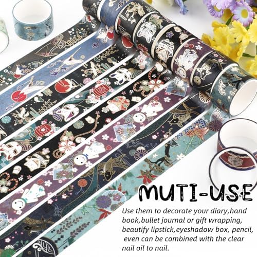 12 Rolls Vintage Gold Washi Tape Set, Gold Foil Cat Mask Pattern Decorative Tape,Japanese Arts Decorative Masking Tapes for DIY Scrapbook Design Journaling Handbook Making Card Wrap Craft Gift ﻿