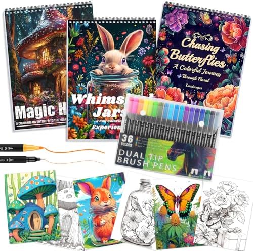 3Pcs Adult Coloring Book for Women Relaxation with 36 Markers, Spiral Bound