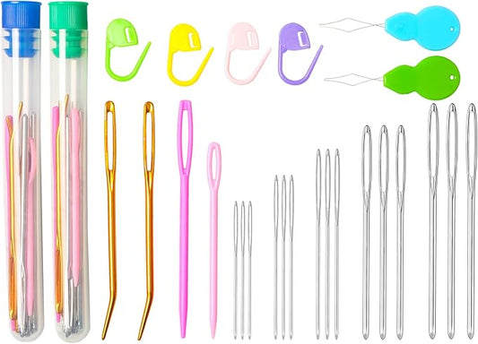Hekisn 45Pcs Large Eye Blunt Yarn Needles kit, Assorted Sizes Bent Tapestry Darning Needle, Sewing Needles with Needle Threaders & Stitch Markers for Knitting Crochet (Green&Blue)