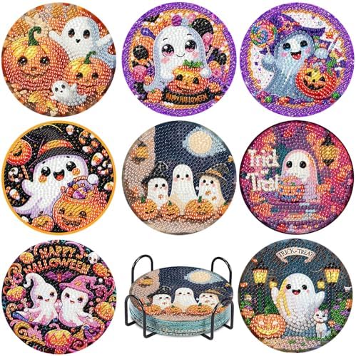 NEGEKFKX 8 Pcs Halloween Horror Ghost Diamond Art Painting Coasters Kits