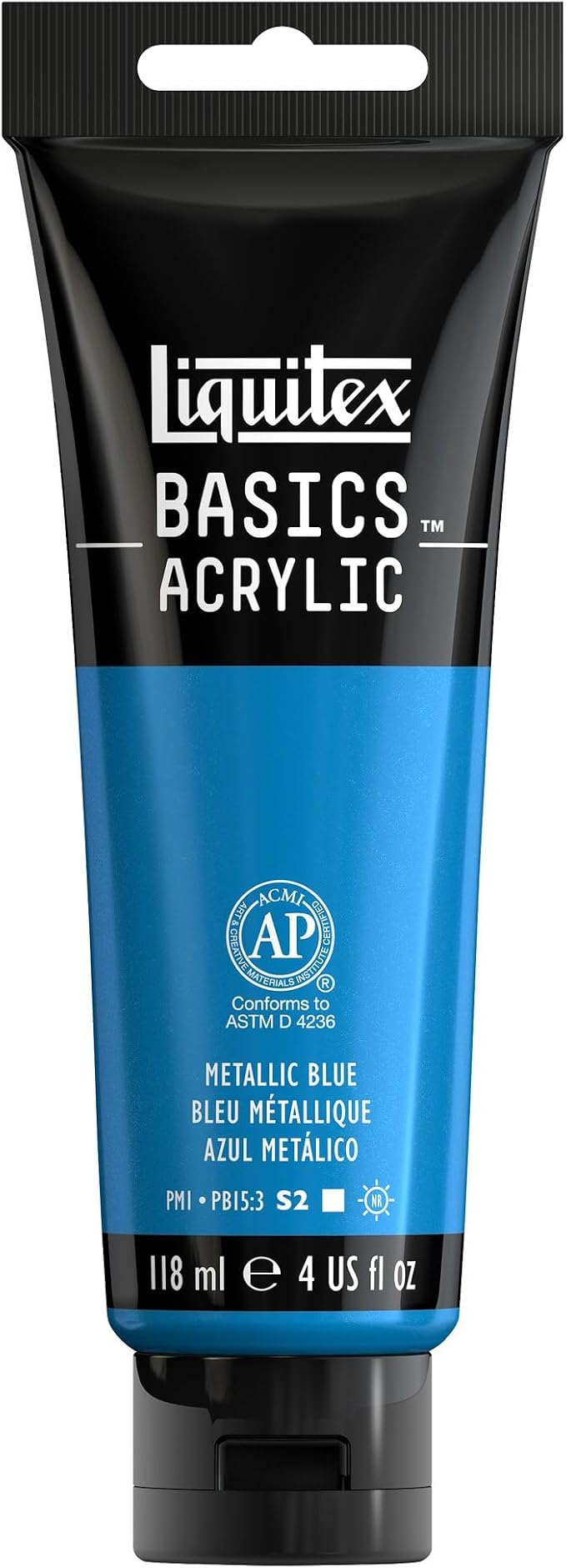 Liquitex BASICS Acrylic Paint, 4-oz Tube, Metallic Blue | Medium Viscosity, Satin Finish, Lightfast, Fine Art Pigments, Range of Opacities, Easy Blending