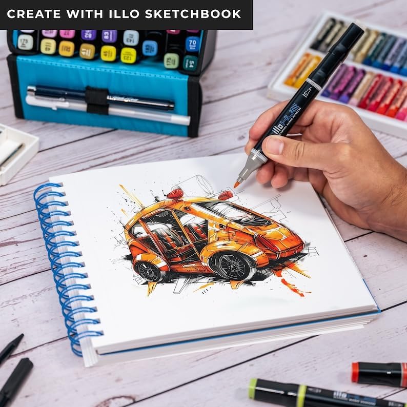 illo Sketchbook Mixed-Media 8’’ x 8’’ Spiral-Bound Sketch Notebook, 200gsm Acid-Free Paper, 65 Perforated Sheets for Easy Tear-Out, for All Mediums, for Professionals and Beginner Artists