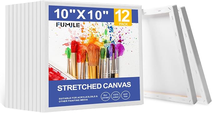 FUMILE Stretched Canvas for Painting 10x10, 12 Pack Square Canvases for Painting-5/8 in Profile Primed White Blank Painting Canvas Value Pack for Oil & Acrylic Paint