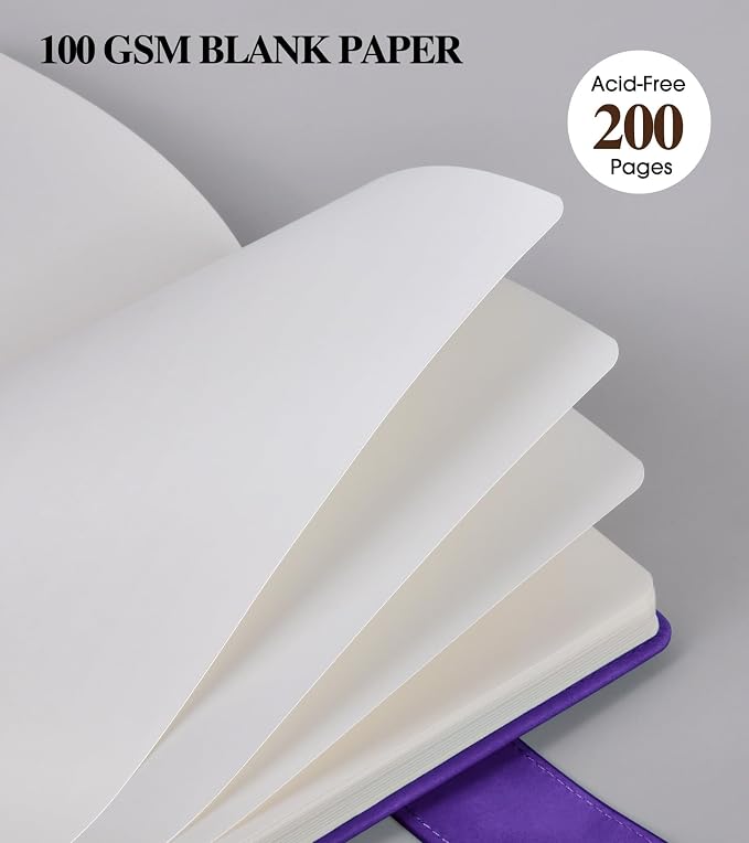 PAIBAS Blank Journal Notebook, A5 Hardcover Leather Sketchbook with 200 Pages Thick Blank Paper for Men Women, Unlined Drawing & Writing Journal, 5.9" x 8.4" Plain Notebook (purple)