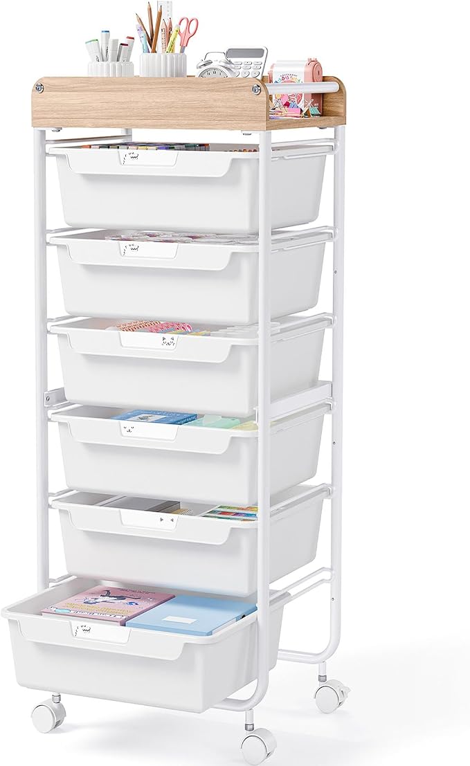 SYKIARIOL 6 Drawer Rolling Cart for Craft Storage,Utility Drawer Cart,White | Organizer with Handle and Wooden Top,Storage on wheels for Office,Classroom,Laundry,Garage,Snack,Art Supply