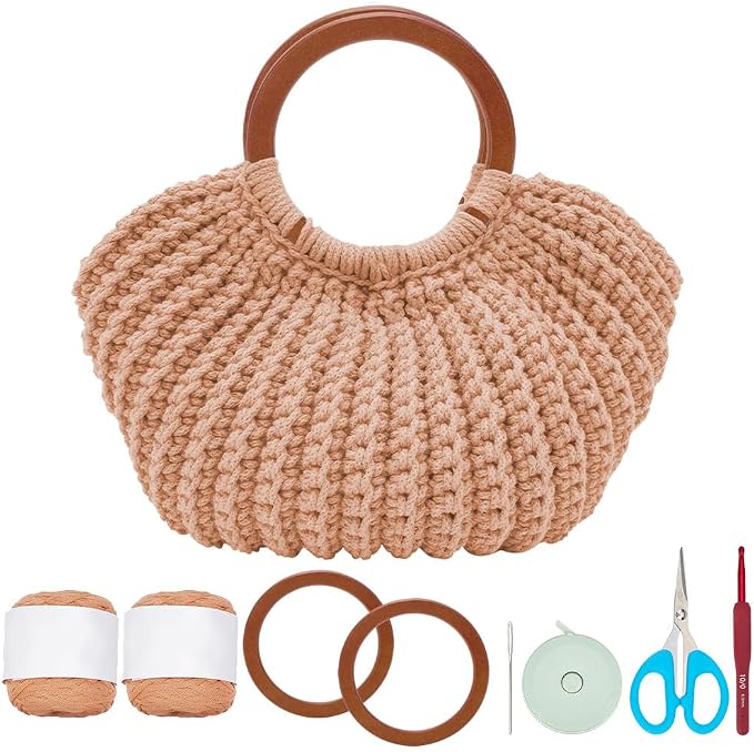 ACRNIGHEET Crochet Bag Kit for Adults Khaki Colored Handbag Crochet Kit for Advanced Beginners Knitting Purse Starters Set DIY Craft Making Kit with Step-by-Step Instructions and Video Guidance