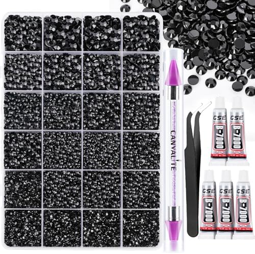 Canvalite 25000PCS Resin Jelly Rhinestones for Crafting, Black Flatback Gems, Bedazzling Crystal with 5x2.5g B7000 Jewelry Glue and Tweezers Dotting Pen for DIY Crafts Clothing Shoes Nail Art