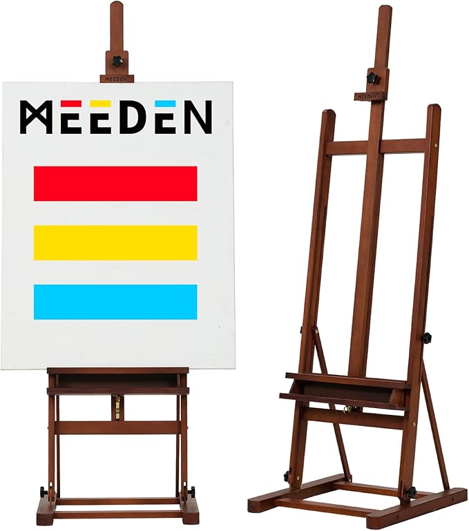 MEEDEN Studio Wood H-Frame Easel: Art Easel with Storage for Artist | Beech Wooden Artist Painting Easel - Floor Easel with Movable Tilting for Adults Artist Art Students Beginners Walnut