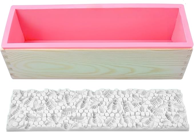 Loaf Soap Making Kit, 44oz Silicone Soap Making Liner Wood Box with Beehive & Hexagon & Rose Mat Creative Honeycomb Mat Mold for DIY Soap Making (Purple & Pink) (Pink Mold-Beehive)