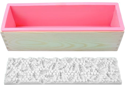 Loaf Soap Making Kit, 44oz Silicone Soap Making Liner Wood Box with Beehive & Hexagon & Rose Mat Creative Honeycomb Mat Mold for DIY Soap Making (Purple & Pink) (Pink Mold-Beehive)