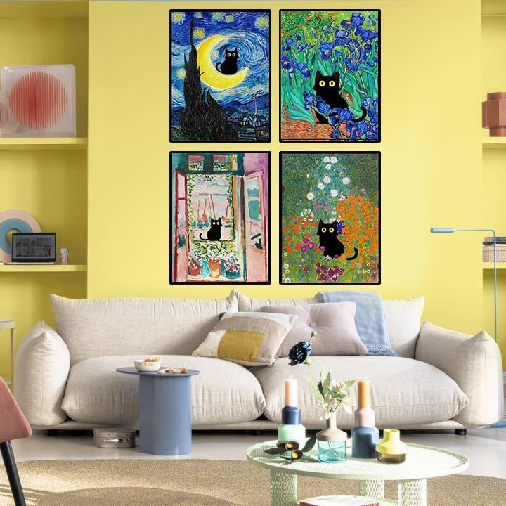 ARPADAMO Paint by Number Kits for Adults Beginners, Press Digital Easy Acrylic Black Cat 4 Pieces Paint, DIY Watercolor Paint Press Digital Kit on Canvas Home Wall Decoration Without Frame 12×16 inch