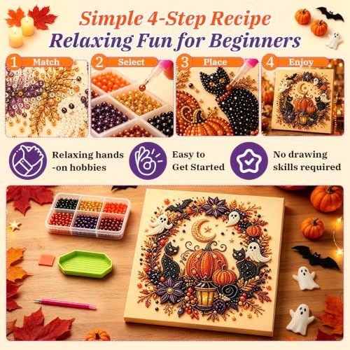 Halloween Pearl Art Kit for Adults, Halloween Ghost Pearl Art DIY Kit, Cute Pumpkin 3D Diamond Art Kits for Adults, DIY Fall Diamond Art Painting Home Decor Wall Art, Beginner DIY Seasonal Party Gift