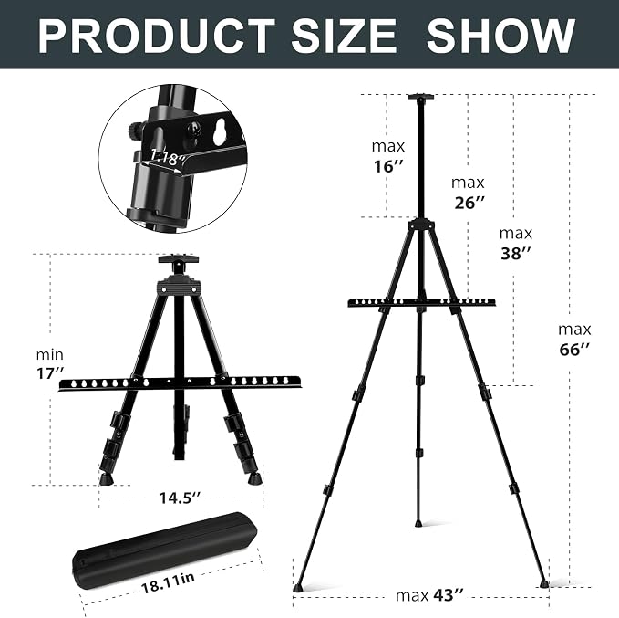 AROIC 17-66 in Art Easel Stand, Aluminum Tripod for Table Top & Floor | Portable Adjustable Display Easel for Canvases Painting with 1 Storage Bag | Studio, Hobby & Professional Artist Easels