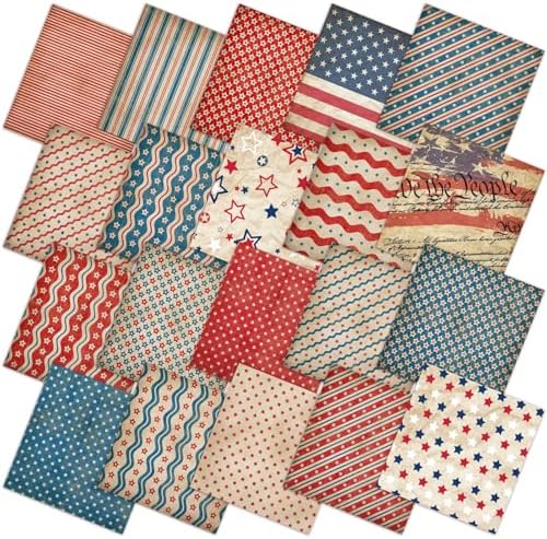 HunnmingRe 20 Pcs 10x10'' Patriotic Quilting Fabric Square 4th of July Precut Fabric Bundle USA Flag Star Red White Blue Patchwork for Memorial Day DIY Craft Sewing Material(Vintage July 4th)