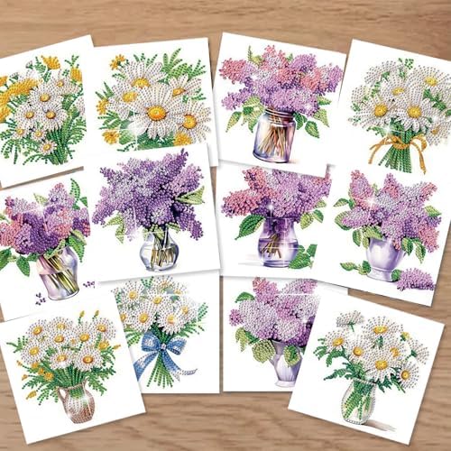 C'eitura Diamond Art Painting Greeting Cards 12 Pack DIY 5D Lilac Daisy Floral Rhinestone Mosaic Folded Cards, Handmade Craft Gift Adults Women Birthday Mothers Day