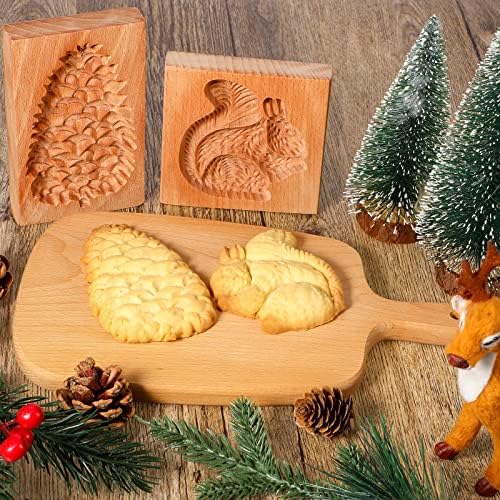 Meanplan Carved Wooden Cookie Mold, Baking Embossing Cookies Stamp Mold Cutter Funny 3D Heart Wood Rose Dessert Tools for Christmas Kitchen DIY Baking Tools(Squirrel, Pine Cone)