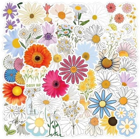 Cute Daisy Flower Stickers.55Pcs Beautiful Plants Vinyl Waterproof Flower Stickers for Water Bottles Laptop Luggage Journaling,Party Rewards Decals for Teens Adults Gifts,Scrapbook(Colourful-K8)
