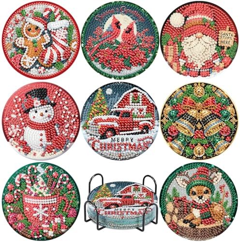 8 Pcs Christmas Diamond Art Painting Coasters Kits,Winter Snowman Coaster with Holder for Adults, Non-Slip DIY Dot Paint Craft Kits,5D Full Drill DIY Diamond Dot Gem Art Kit Home Decor Arts Craft