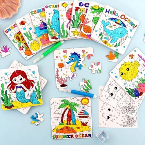 24 Set Summer Crafts for Kids Adults Bulk, Summer Activities DIY Puzzle with Ocean Mermaid Fish Starfish Animal, Camp Beach Arts Jigsaw Classroom Gifts, Under the Sea Theme Party Favors Coloring Games