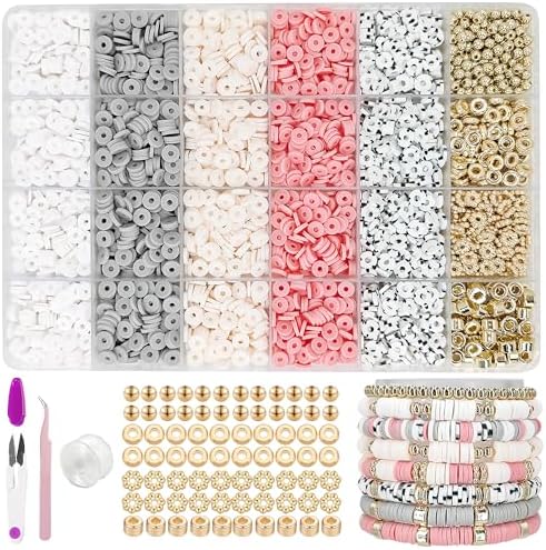 MIIIM Boho Neutral Clay Bead Bracelet Kit, Heishi Beads, Flat Clay Beads and Gold Spacer Beads for Jewelry Making, Friendship Bracelet Beads Kit for Valentine's Day, Crafts, Raves, Gifts