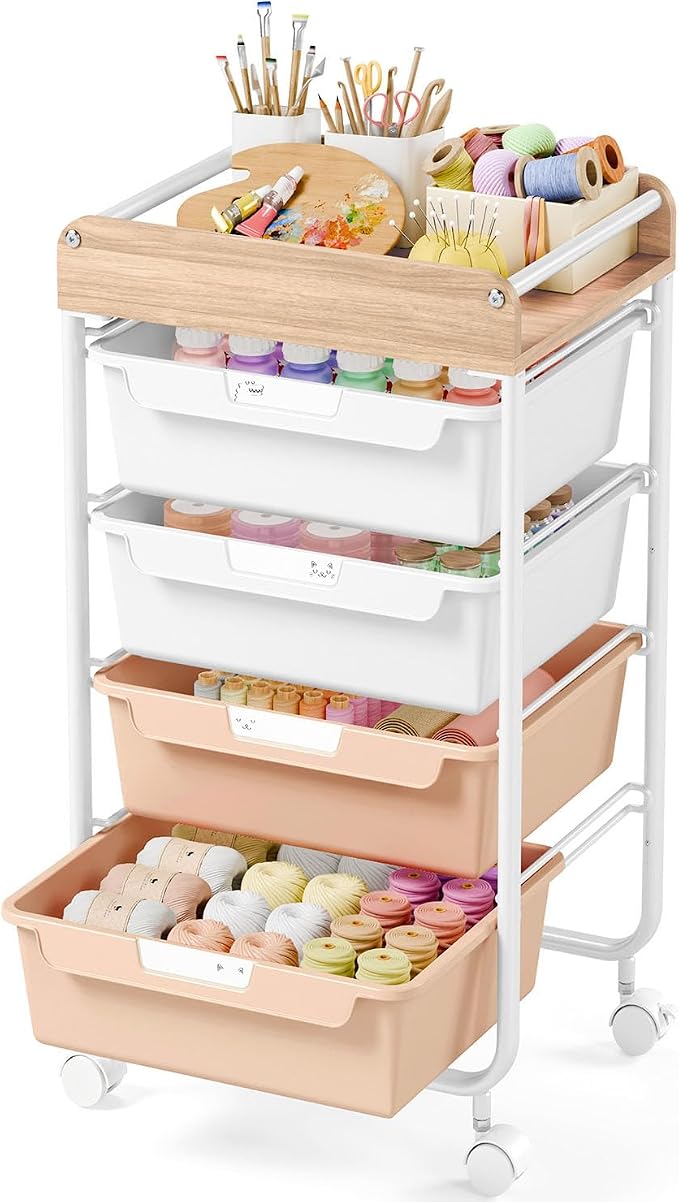 SYKIARIOL Rolling Craft Storage Cart with 4 Drawers,Kids Art Cart,Pearl | Utility Cart with Drawers,Art Craft Organizers and Storage,Kids Craft Cart With DIY Lable and Wooden Tabletop Area
