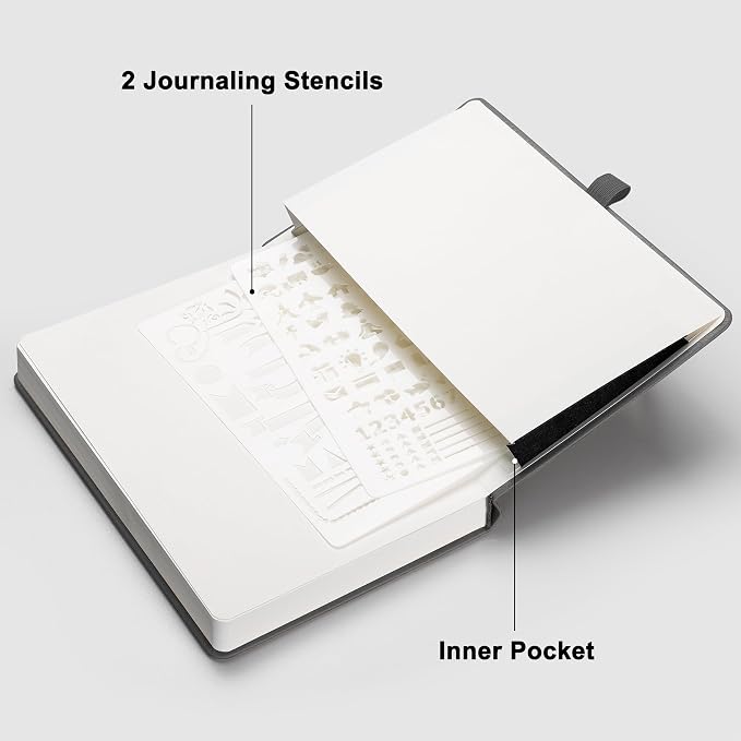 RETTACY Dotted Journal Notebook, 192 Pages, A5 Medium Size (5.7'' x 8.3'') | Leather Hardcover, 100 GSM Thick Paper, for Journaling, Planning, Tracking (Gray)