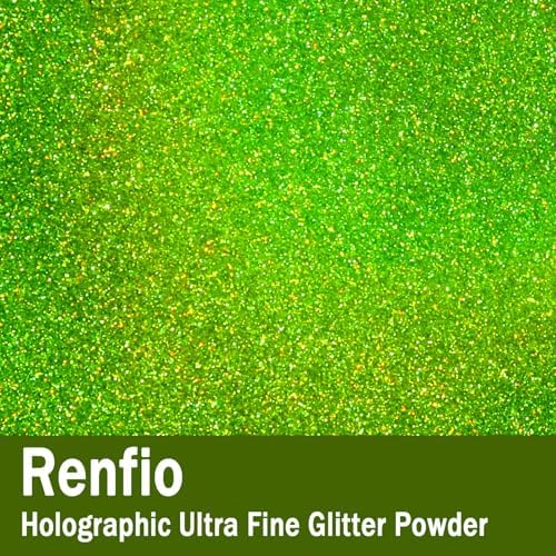 Renfio Holographic Ultra Fine Glitter Powder Metallic Resin Glitter 2.11 Oz (60g) PET Flakes Crafts Sequins 1/128" 0.008" 0.2mm Epoxy Chips Flakes for Tumblers Slime - Laser Light Green