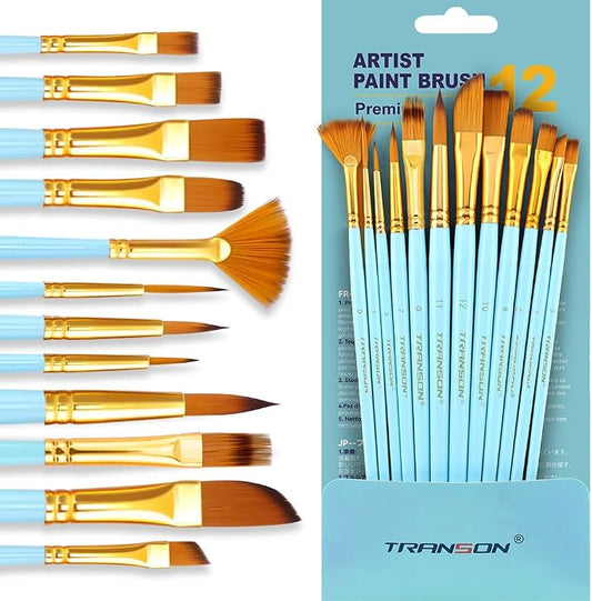 Transon Artist Paint Brush Set of 12 for Acrylic Watercolor Gouache Oil Craft Painting Blue