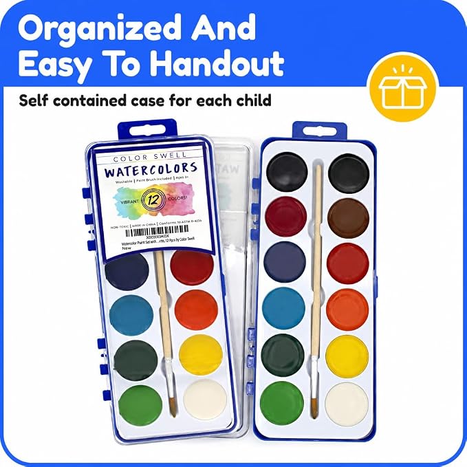 Color Swell 12 Color Bulk Watercolors with Wood Brushes, 18 Pack