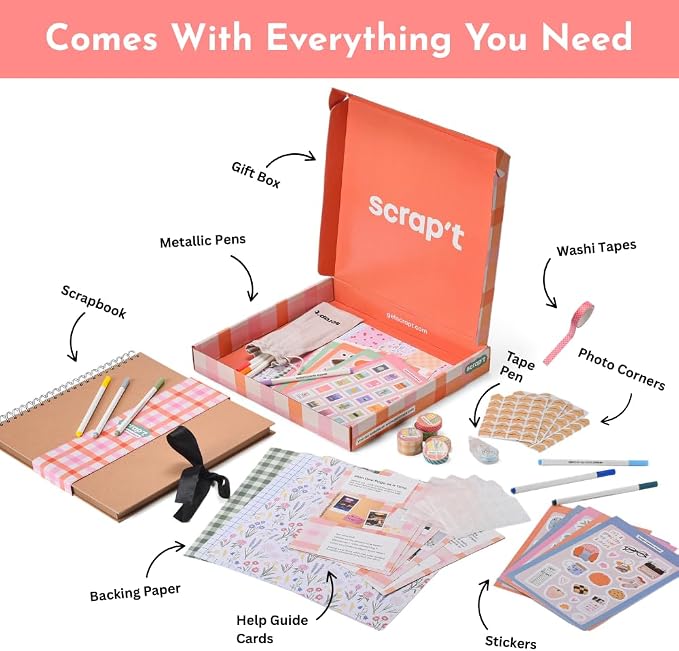 Scrapbook Kit - Large 80 Page Photo Album DIY Scrapbook - Holds 300+ Photos, With Metallic Pens, 200+ Stickers, Glue Pen, Washi Tapes, Backing Paper, Photo Corner Stickers (Starter Kit - 12 x 12 Inch)