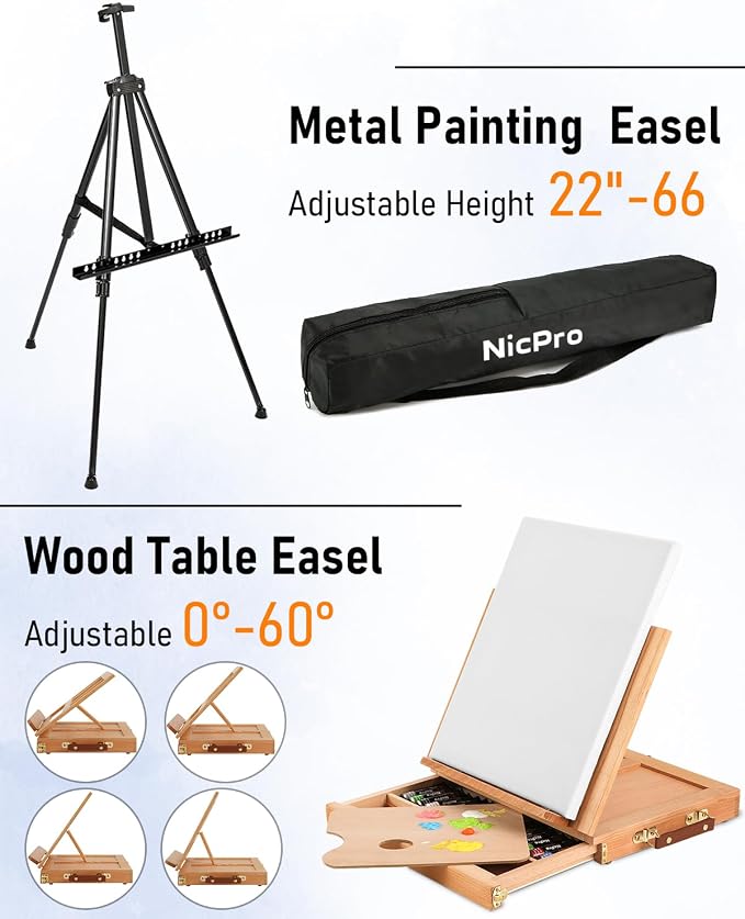 Nicpro 158PCS Deluxe Art Painting Kit for Artist with Easel, Paints & Brush | Professional Metal and Solid Beech Wood Easel, Acrylic, Oil & Watercolor Paint Set, Paint Brushes, Canvas, Palette, Paper Pad