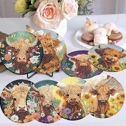 Diamond Art Coasters Kit,8 Pcs Highland Cow Diamond Painting Coasters Kit