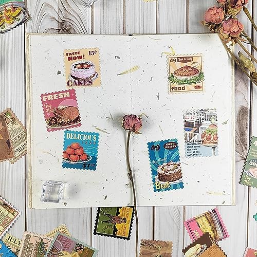 Prstincol 100 Pcs Scrapbooking Stickers,Food Stickers for Scrapbooking,Vintage Stamp Sticker for Journaling,Retro Poster Sticker for Water Bottle Laptop Phones Bullet Journal
